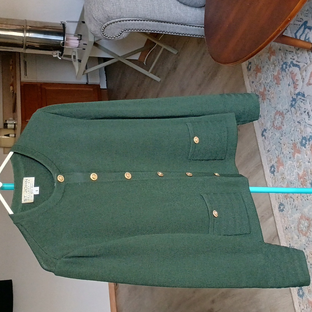 St. John Forest Green Jacket And Skirt with Gold Accents